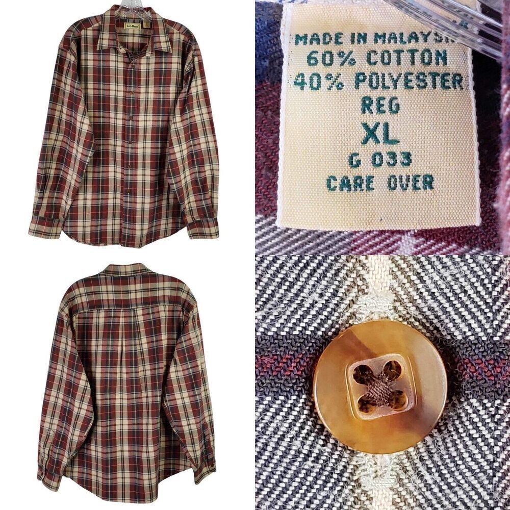 LL Bean Shirt Men's XL Vintage Flannel Plaid LS Button Up Cotton Red Cream